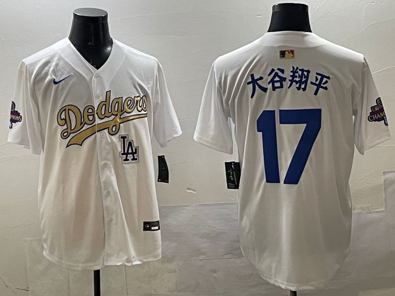 Men Los Angeles Dodgers #17 Ohtani White Champion gold character 2025 Nike MLB Jersey style 3318